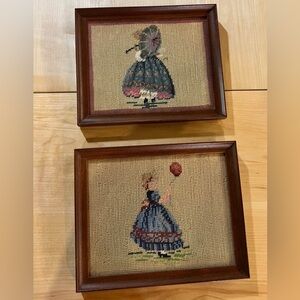 Vintage Framed Needlepoint Art - Blue and Brown